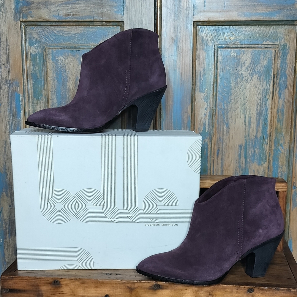 Belle Sigerson Morrison Lamar Plum Purple Suede Ankle Booties Boots 9